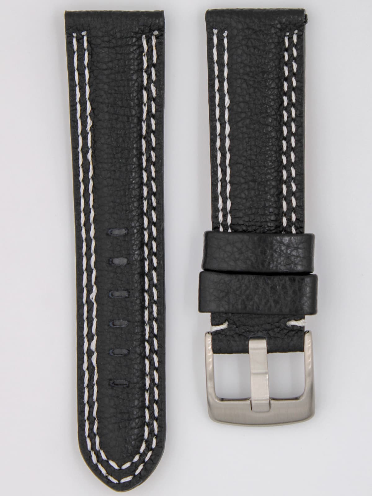 Ремешок для наручных часов кожаный чёрный с белой строчкой 22 мм